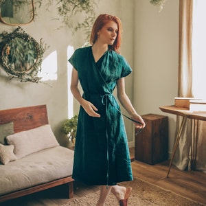 Linen Wrap Dress for Women, Simple Linen Dress, Deep Green Linen Dress, Summer Midi Dress, Minimalist Linen Dress, Midi Wrap Linen Dress