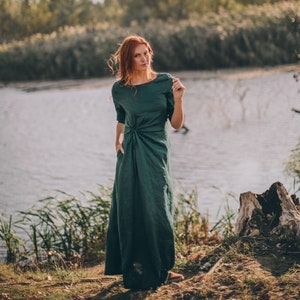 Deep Green Linen Dress, Linen Maxi Dress, Linen Dress Women, Summer Maxi Dress, Emerald Linen Dress, Elegant Linen Dess, Plus Size Clothes image 1