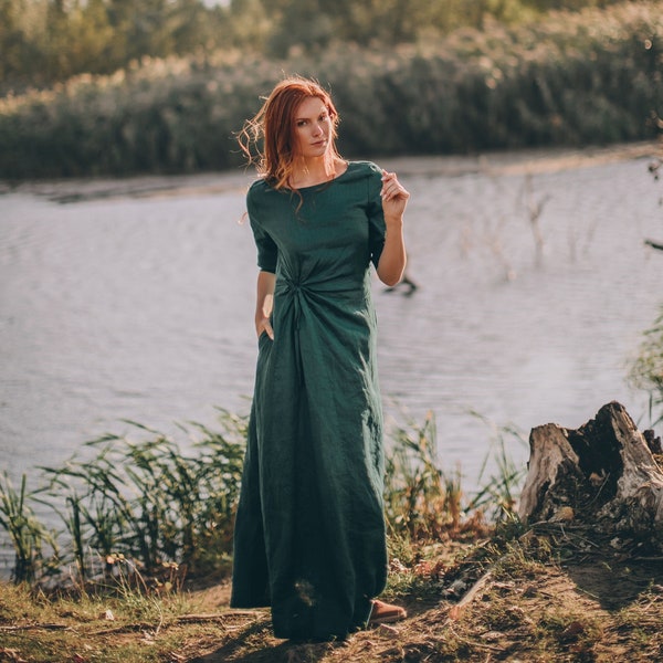 Deep Green Linen Dress, Linen Maxi Dress, Linen Dress Women, Summer Maxi Dress, Emerald Linen Dress, Elegant Linen Dess, Plus Size Clothes