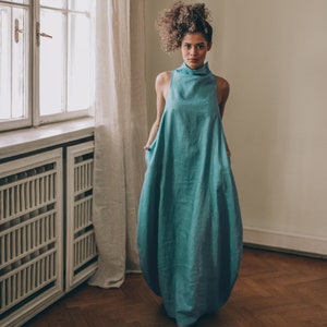 Blue Green Linen Dress, Bubble Linen Dress, Linen Maxi Dress, Summer Dress for Women, Avantgarde Linen Dress Turtleneck, Boho Linen Clothing