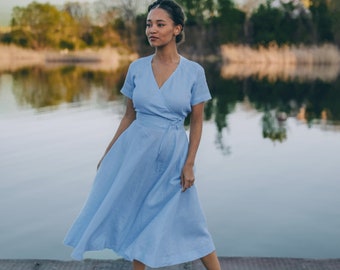 Light Blue Linen Dress, Summer Midi Dress for Women, Linen Bridesmaids Dress, Classic Linen Dress with Pockets, Linen Summer Dress Plus Size