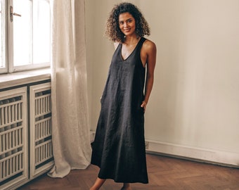 Robe d'été en lin, Robe midi en lin, Robe en lin noire, Robe en lin sans manches avec poches, Robe en lin simple pour femme, Vêtements en lin