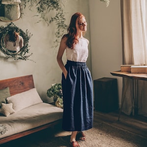 Linen Midi Skirt For Women, Summer Linen Skirt, Elastic Waist Linen Skirt with Pockets, Night Blue Linen Skirt, Boho Romantic Linen Skirt
