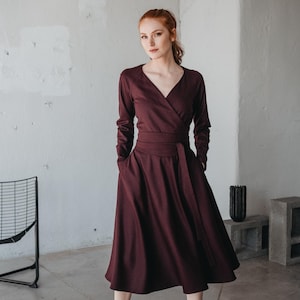 Burgundy Wool Winter Dress for Women, Classic Wool Dress, Fall Midi Dress with Pockets, Wool Clothing, Winter Flare Dress, Warm Formal Dress