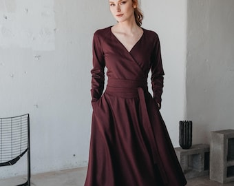 Burgundy Wool Winter Dress for Women, Classic Wool Dress, Fall Midi Dress with Pockets, Wool Clothing, Winter Flare Dress, Warm Formal Dress