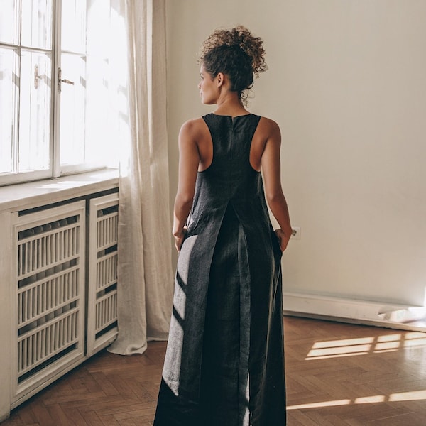 Robe longue en lin noire, robe bohème d'été en lin pour femme, robe caftan en lin, robe d'été en lin, robe longue en lin, vêtements en lin grande taille