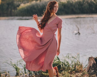 Rosa Wickelkleid, Leinen Midi Kleid, Leinen Kleid, Leinen Kimono Kleid, Leinen Wickelkleid, Leinen Kleid mit V-Ausschnitt, Kleid in Übergröße für Frauen