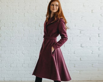 Winter Coat with Belt and Hood, Wool Coat for Women, Knee Length Coat Women, Plus Size Big Hood Coat, Princess Coat,Burgundy Asymmetric Coat