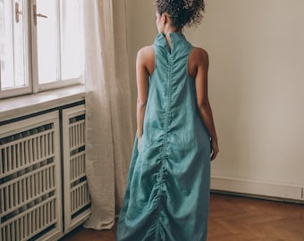 Robe d'été en lin, Robe ballon en lin, Robe oversize en lin, Robe longue en lin, Robe longue grande taille, Robe bleu-vert, Robe longue pour femme