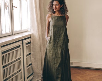 Military Green Linen Dress, Summer Maxi Dress for Women, Linen Maxi Dress Plus Size, Minimalist Linen Dress, Long Linen Dress with Pockets