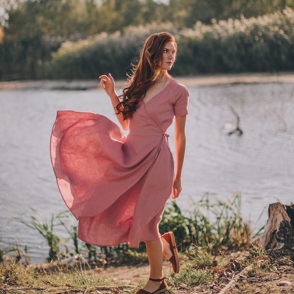 Vestido cruzado rosa rubor, vestido midi de lino, vestido de lino, vestido de kimono de lino, vestido cruzado de lino, vestido de lino con cuello en V, vestido de talla grande para mujer