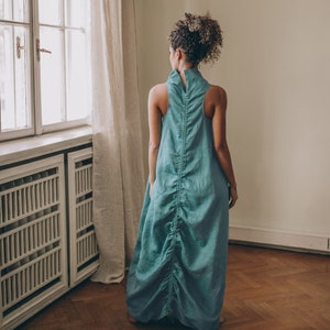Summer Linen Dress, Linen Balloon Dress, Oversized Linen Dress, Linen Maxi Dress Women, Plus Size Dress, Blue Green Dress, Linen Clothing