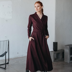 Wool Wrap Dress with Shawl Collar and Pockets, Winter Dress for Women, Maxi Dress, Fall Dress, Wool Clothing, Elegant Wool Dress,Flare Dress