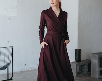 Wool Wrap Maxi Dress with Shawl Collar and Pockets
