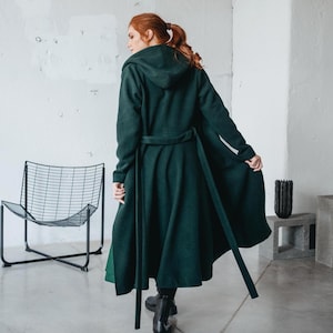 Hooded Wool Coat, Green Wool Coat, Winter Coat for Women, Classic Winter Midi Coat, Wool Princess Coat, Tie waist Winter Coat, Wool Clothing