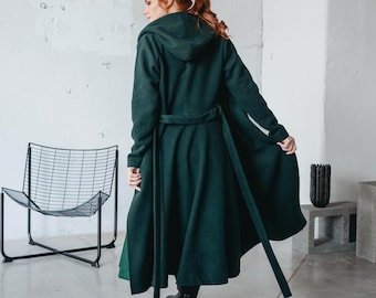 ウールフードコート：ベルト付き、ミディ丈、暖かい冬服