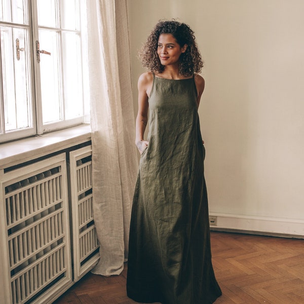 Military Green Linen Dress, Summer Maxi Dress for Women, Linen Maxi Dress Plus Size, Minimalist Linen Dress, Long Linen Dress with Pockets