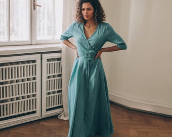 Blue-Green Linen Maxi Dress, Summer Wrap Dress with Pockets
