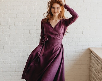 Feminine Linen Wrap Dress with Pockets, Midi Dress, Long Sleeve Linen Dress, Heavyweight Linen Dress, Plus Size Linen Clothing For Women