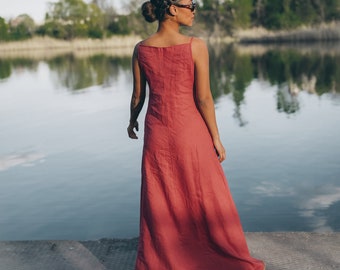 Minimalist Linen Dress, Casual Maxi Dress, Elegant Linen Dress, Linen Sun Dress, Plus Size Clothing, Linen Dress Women, Red Bohemian Dress