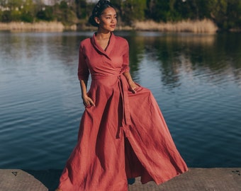 Robe portefeuille en lin en rouge marocain, robe longue en lin, robe longue en lin à col châle pour femme, robe d'été, robe grande taille, robe élégante