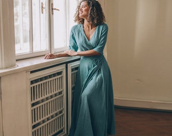 Blue Green Linen Maxi Dress, Wrap Style, Pockets