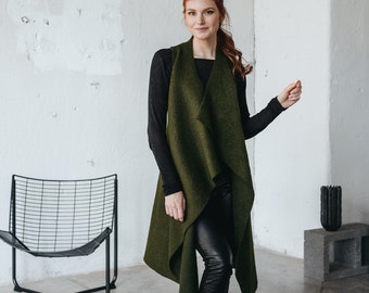Dark Green Wool Asymmetric Vest, Long Wrap Vest
