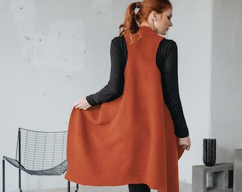Ready to Ship Asymmetric Wool Vest: Orange Long Wrap Sleeveless Jacket, Fall Winter Style