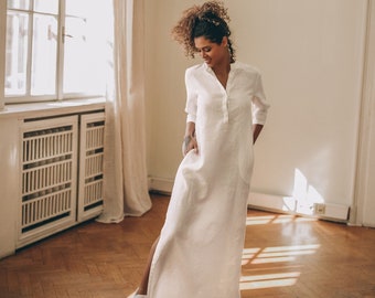 Robe longue en lin, Robe en lin blanche pour femme, Robe longue d'été, Robe longue en lin, Vêtements en lin grande taille, Caftan en lin blanc, Robe de plage