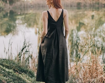 Omkeerbare zwarte linnen midi-jurk: mouwloze zomercami-jurk, zakken