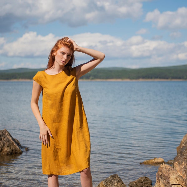 READY TO SHIP, Linen Midi Dress, Ochre Linen Dress, Women Linen Dress, Yellow Summer Dress, Dress for Women, Plus Size Linen Clothing