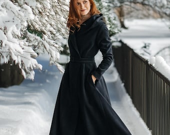 Casaco maxi de lã com capuz, estilo princesa boho, casaco de inverno com bolsos.