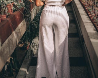 Pantaloni di lino a gamba larga, vita elasticizzata, tasche