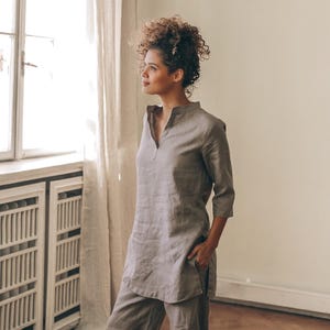 Summer Linen Tunic Top: Long Linen Shirt, V-Neck Kaftan Cut, Boho Clothing