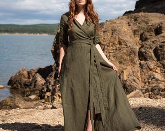Linen Wrap Dress, Flowy Maxi Dress with Shawl Collar and Pockets, Boho Clothing