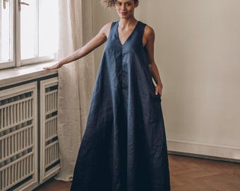 Tuta intera in lino a gamba larga, salopette estiva oversize, cerniera, tasche