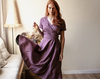 Purple Linen Midi Dress, Tie Waist Summer Dress with Pockets