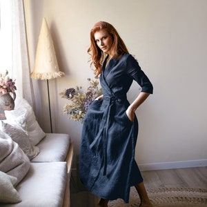 Night Blue Linen Dress, Linen Wrap Dress for Women, Linen Midi Dress, Summer Dress with Pockets, Plus Size Wrap Dress, Shawl Collar Dress