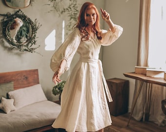 Robe crème à manches bouffantes en lin, Robe portefeuille en lin pour femme, Robe midi en lin, Robe à manches longues, Robe de mariée en lin, Robe en lin rustique