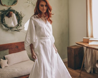 Linen Maxi Dress, White Linen Dress, Summer Maxi Dress, Linen Wrap Dress, Bishop Sleeve Dress, Linen Wedding Dress, Linen Renaissance Dress