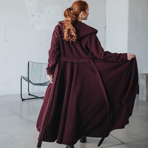Long Wool Coat for Women, Hooded Winter Coat, Shawl Collar Wool Coat, Tie Belt Wool Coat, Warm Winter Overcoat, Merino Wool Coat, Handmade