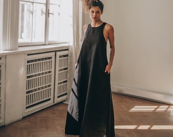 Minimalistische linnen maxi-jurk voor dames, klassieke zwarte zomerjurk, linnen kaftan jurk, linnen zonnejurk, lange linnen jurk, Boho kleding