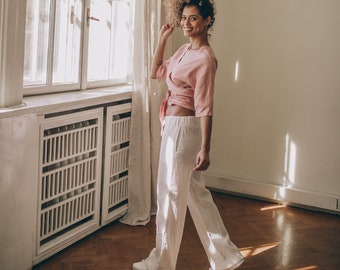 White Linen Pants with Pockets, Wide Leg Trousers, Plus Size Summer Clothing