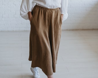 Heavy Linen Skirt, Linen Midi Skirt, Beige Linen Skirt, Fall Linen Skirt, Classic Skirt Women, Linen Skirt With Pockets, Elastic Waist Skirt