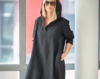 Black Linen Maxi Dress, Plus Size Linen Dress,Linen Clothing, Linen Abaya, Plus Size Linen Caftan Dress, Black Maxi Dress,Loose Hoodie Dress