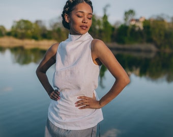 Tunique en lin à col montant, haut en lin blanc, chemisier sans manches en lin, haut d'été en lin, vêtements d'été en lin pour femme, haut tunique en lin bohème