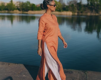 Long Linen Tunic Top, Bohemian Tunic Dress, Orange Summer Top, Linen Top for Women, Linen Shirt Dress, Plus Size Clothing, Linen Cover up,