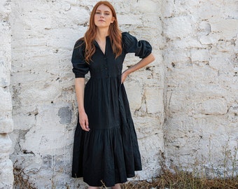 Linen Dress, Puffy Sleeve Dress, Black Midi Dress, Linen Dress for Women, Linen Romantic Dress, Quarter Sleeve Dress, Plus Size Linen Dress