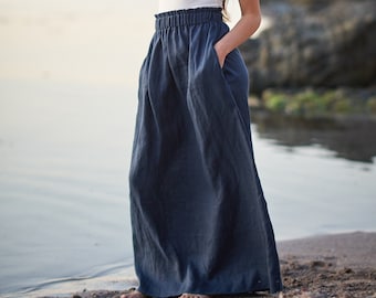 Jupe longue en lin, Vêtements en lin, Jupe longue, Vêtements grande taille, Jupe taille haute, Jupe en lin bleue, Vêtements minimalistes, Linge grande taille