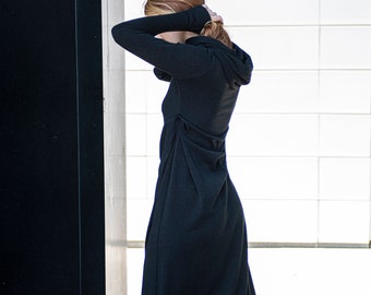 Winterjurk met capuchon, gebreide maxi-jurk, zwarte gebreide jurk, winterjurk grote maten, lange truijurk, herfstjurk voor vrouwen, los gebreide jurk